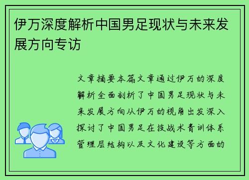 伊万深度解析中国男足现状与未来发展方向专访